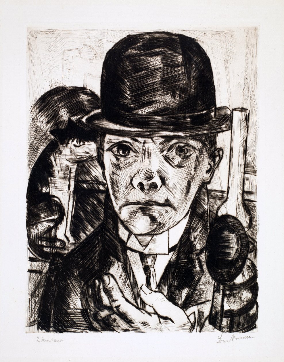 Selvportræt med bowlerhat. Gravering af Max Bechmann (1884-1950) af Max Beckmann