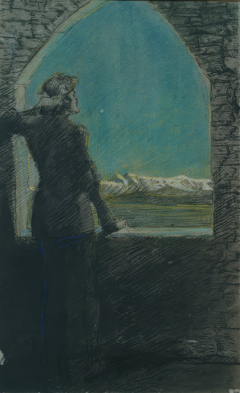 Kranset ung mand, kigger i det fjerne fra en gammel mur af Max Beckmann