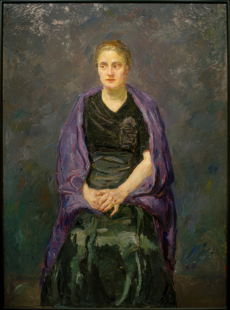 Portræt af Minna Beckmann-Tube med et lilla tørklæde af Max Beckmann