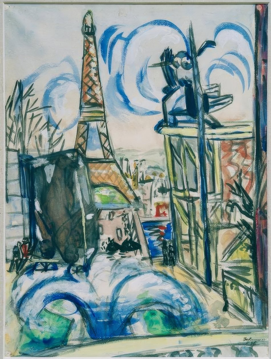 Udsigt over verdensudstillingsområdet under opførelse med Eiffeltårnet af Max Beckmann