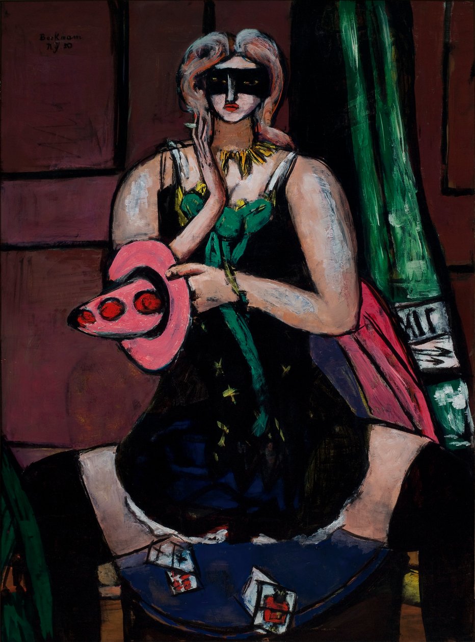 Karnevalsmaske, grøn, violet og lyserød (akeleje) af Max Beckmann