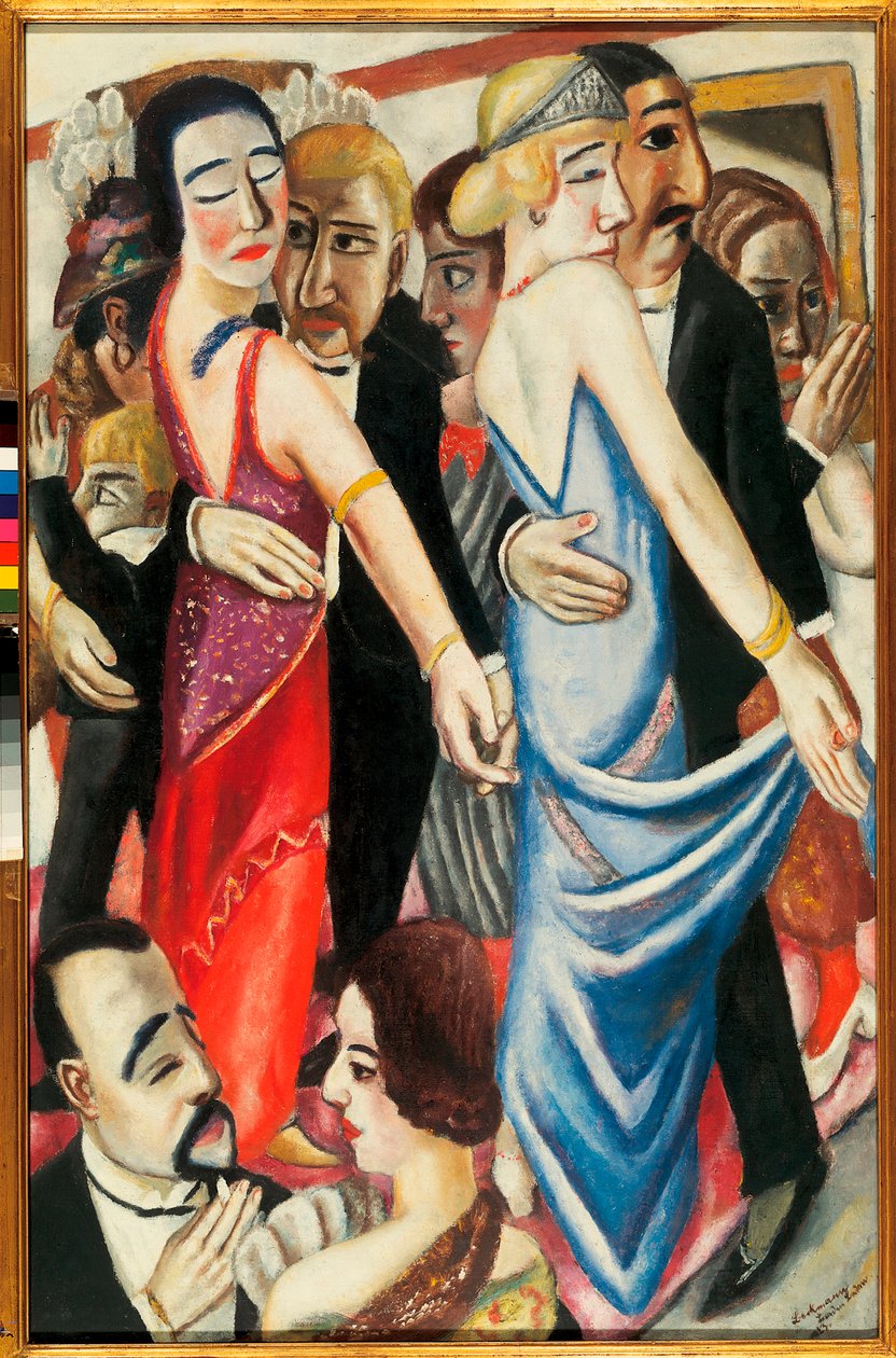 Dans i Baden Baden (Tyskland). Beskrivelse af par i aftenkjole, med trist udseende. Maleri af Max Beckmann (1884-1950), olie på lærred af Max Beckmann