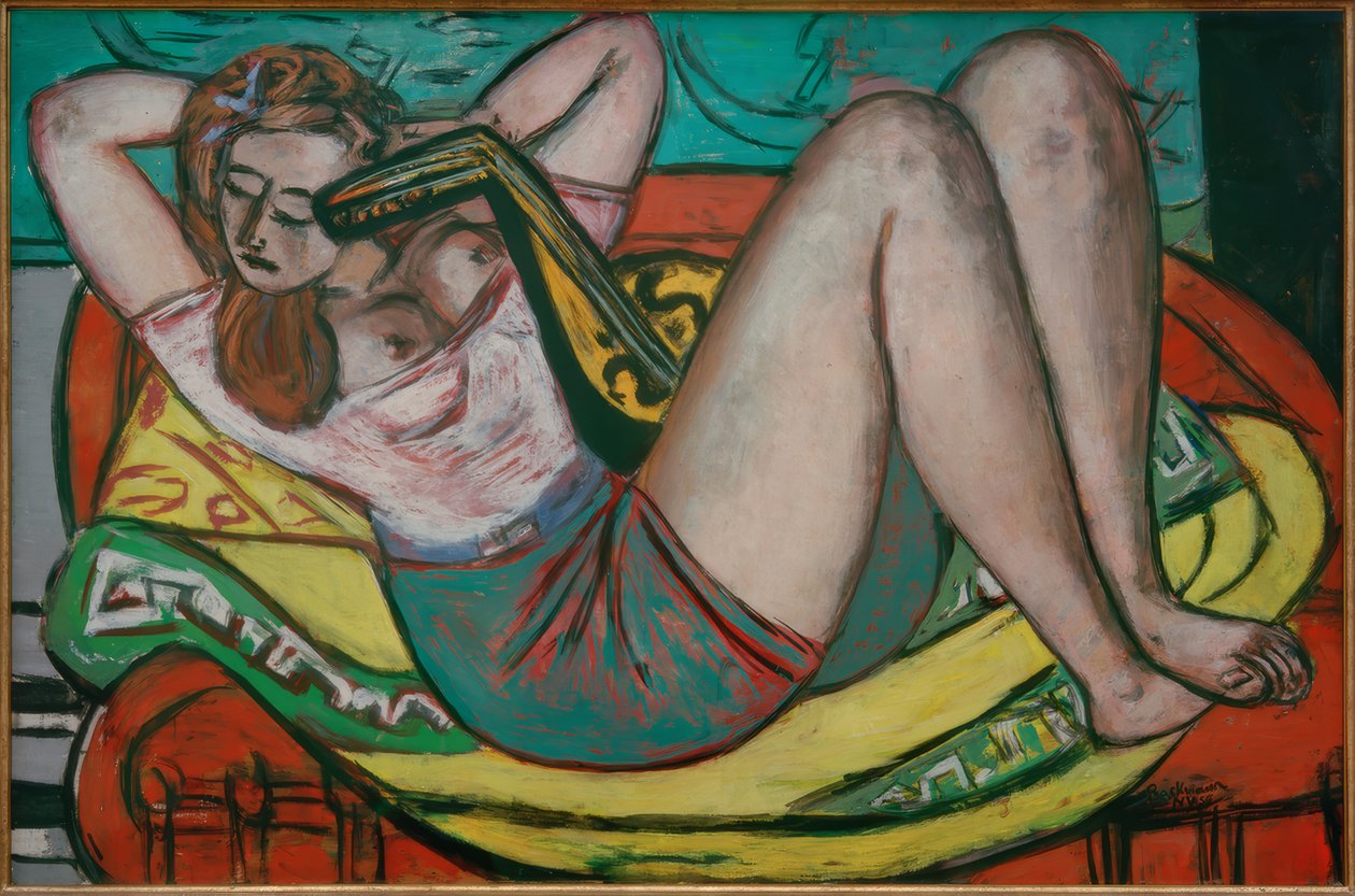 Kvinde med mandolin i gult og rødt af Max Beckmann