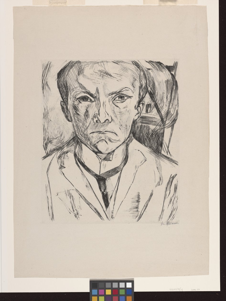 Frontal Selvportræt Med Husgavl I Baggrunden af Max Beckmann