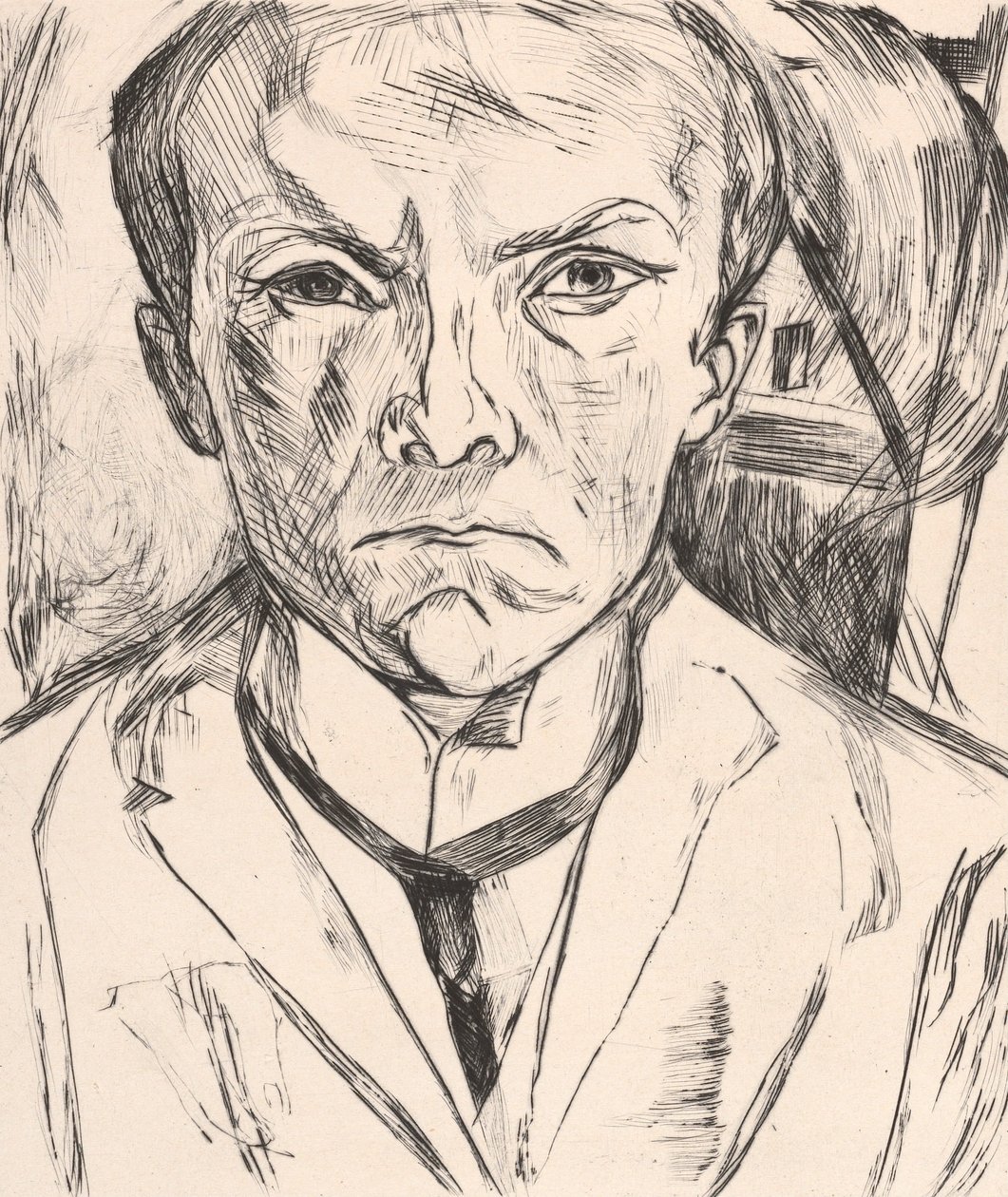Selvportræt forfra med husgavl i baggrunden af Max Beckmann