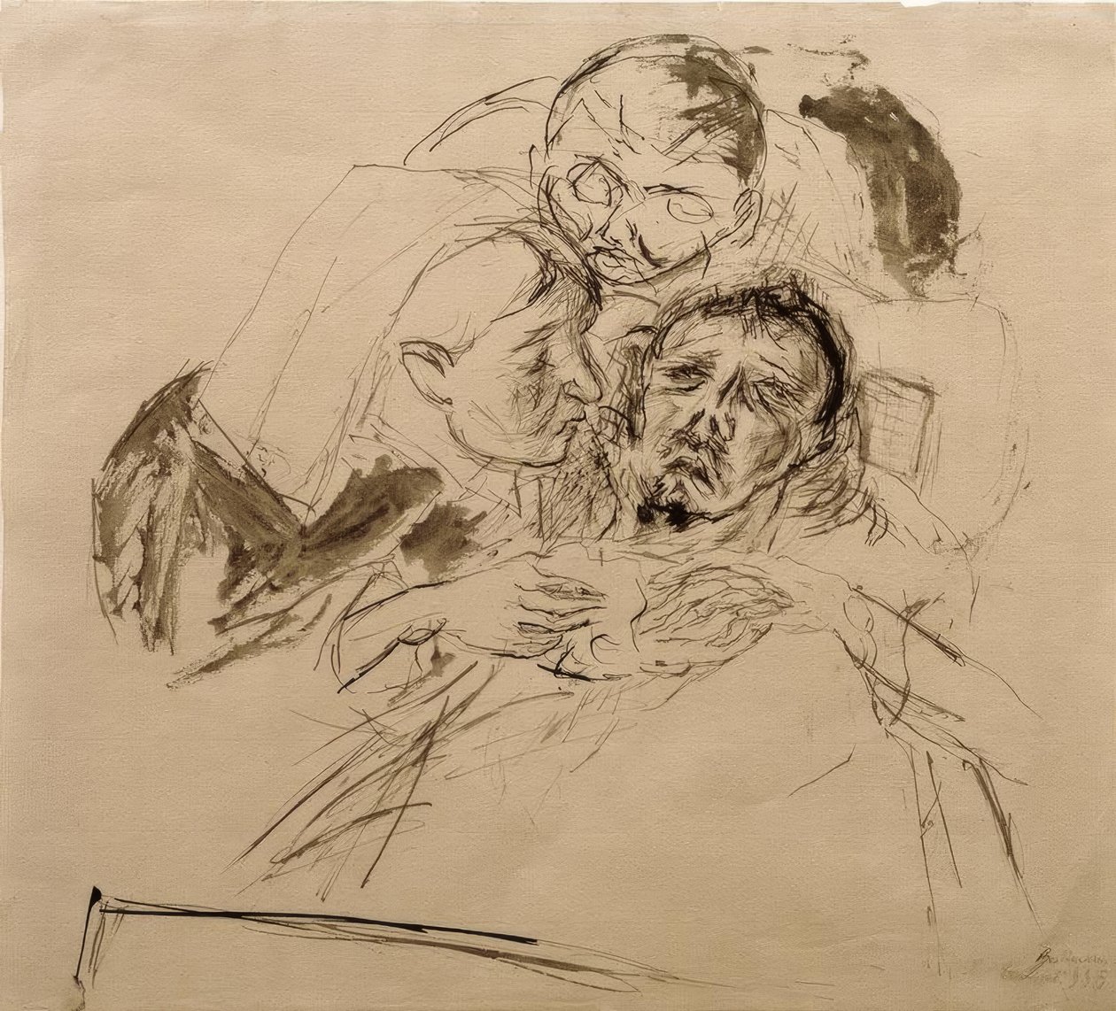 Sygeplejerske og mandsfigur, bøjet over en syg person af Max Beckmann