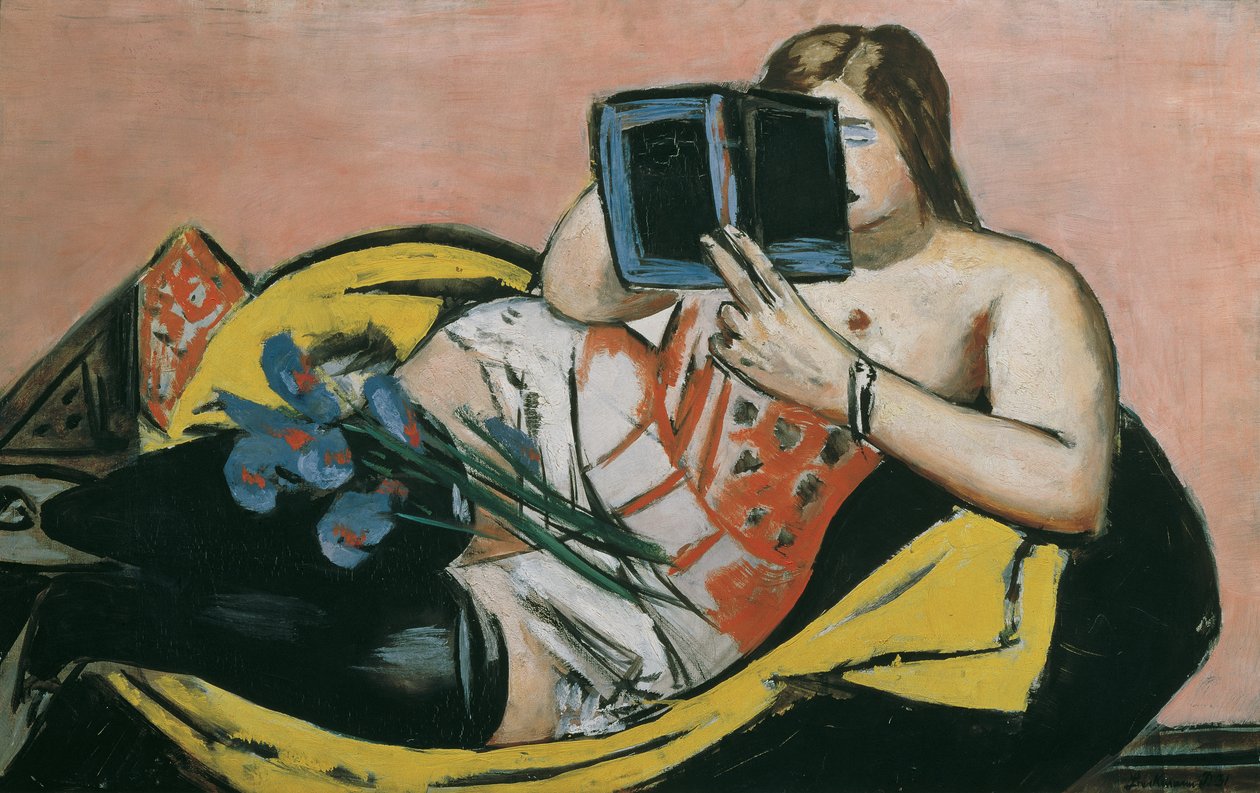 Kvinde liggende med en bog og iris af Max Beckmann