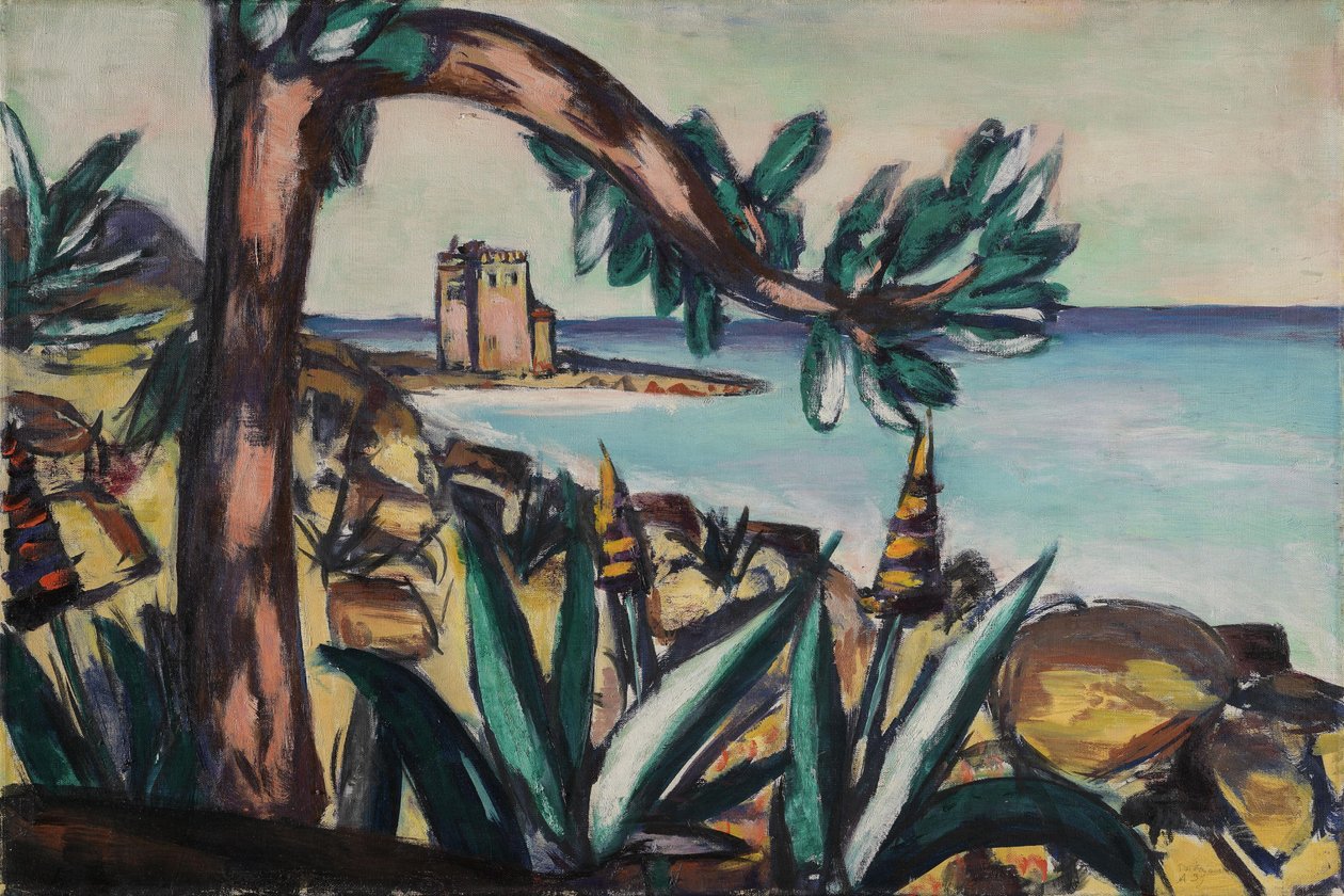 Kystlandskab med agaver og et gammelt slot af Max Beckmann