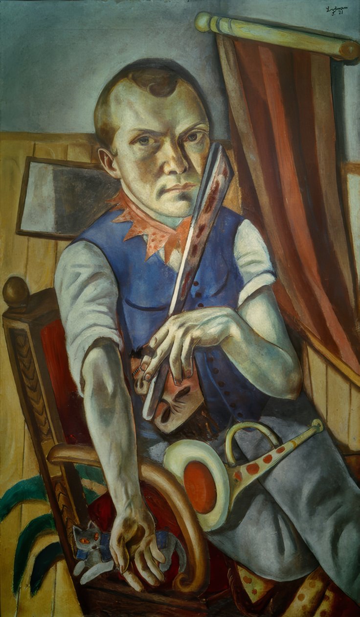 Selvportræt med tremmeseng og trompet (selvportræt som klovn) af Max Beckmann