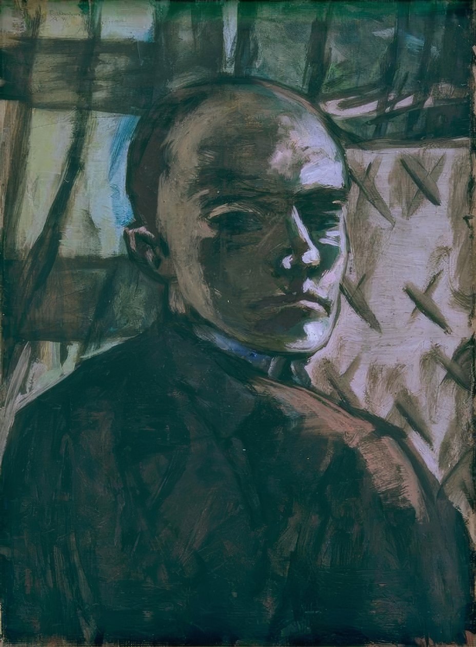 Selvportræt med et grønt gardin af Max Beckmann