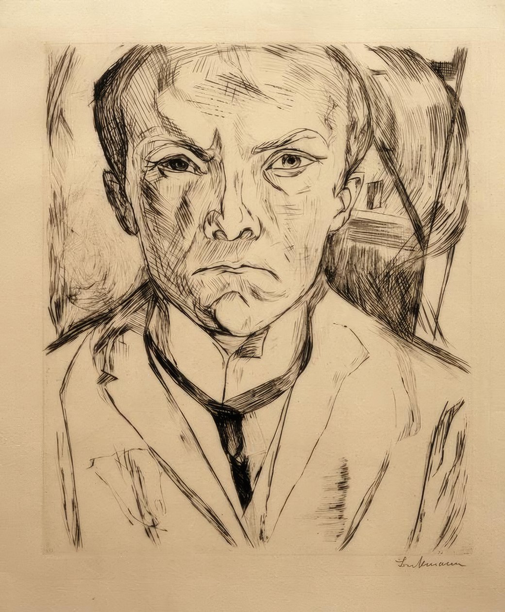 Selvportræt forfra, husgavl i baggrunden af Max Beckmann