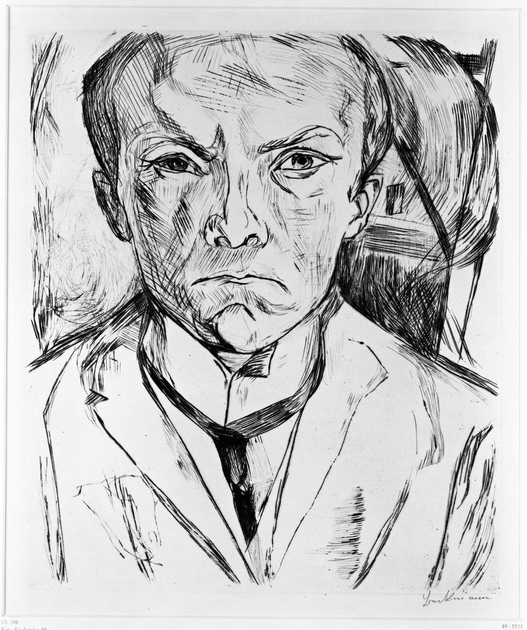Selvportræt forfra med en husgavl i baggrunden af Max Beckmann