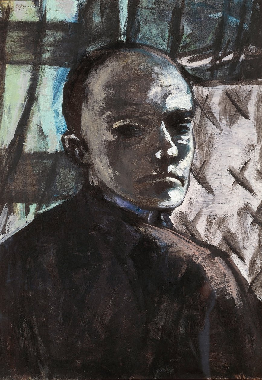 Selvportræt med grønt gardin af Max Beckmann