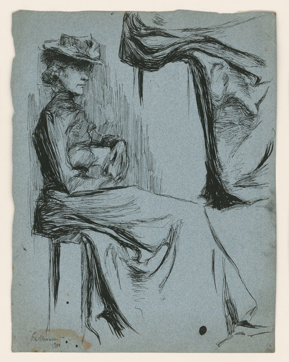 Siddende kvinde med hat, i profil mod højre, og detaljestudie af hendes kjole af Max Beckmann