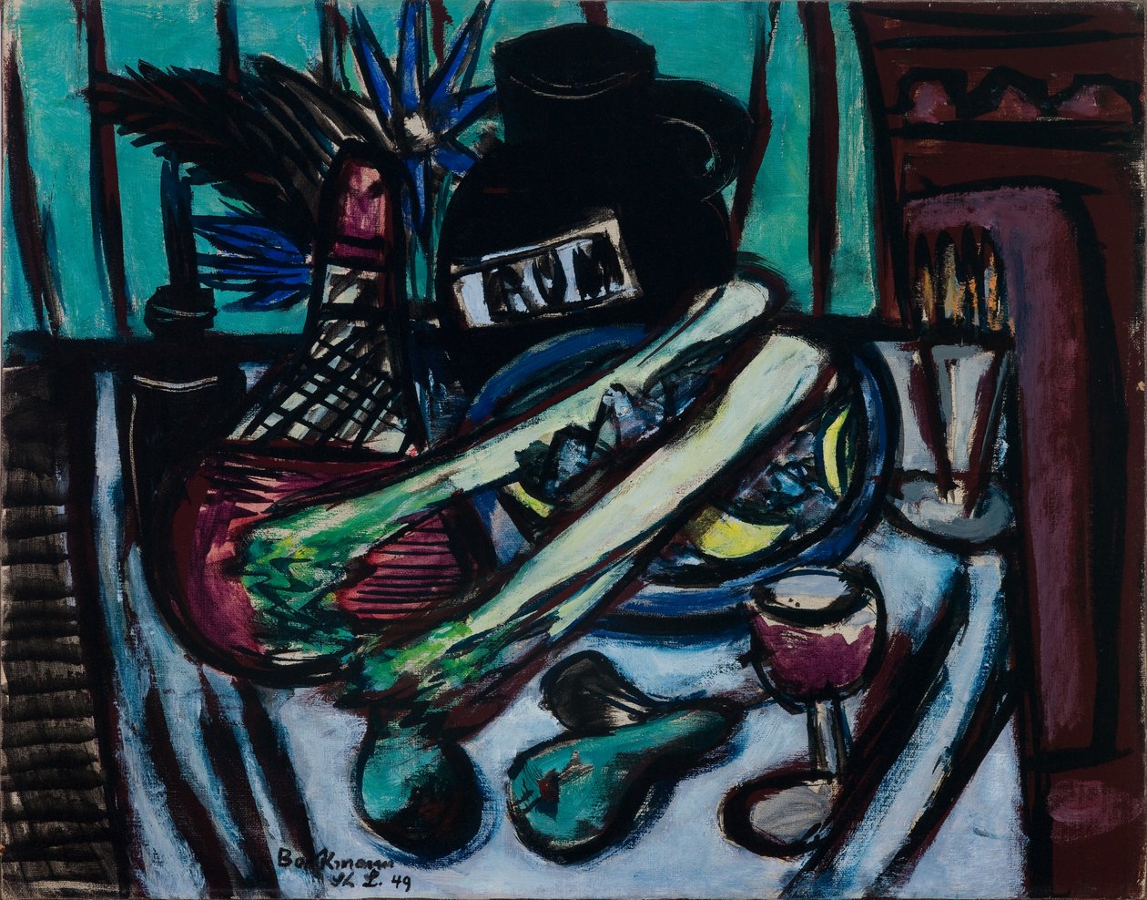 Stilleben med chiantiflaske og selleri af Max Beckmann
