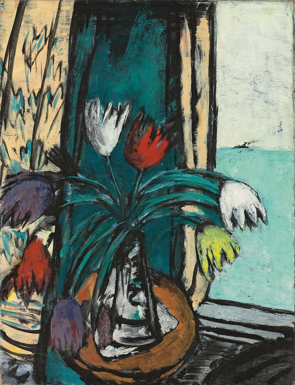 Stilleben med tulipaner og havudsigt af Max Beckmann