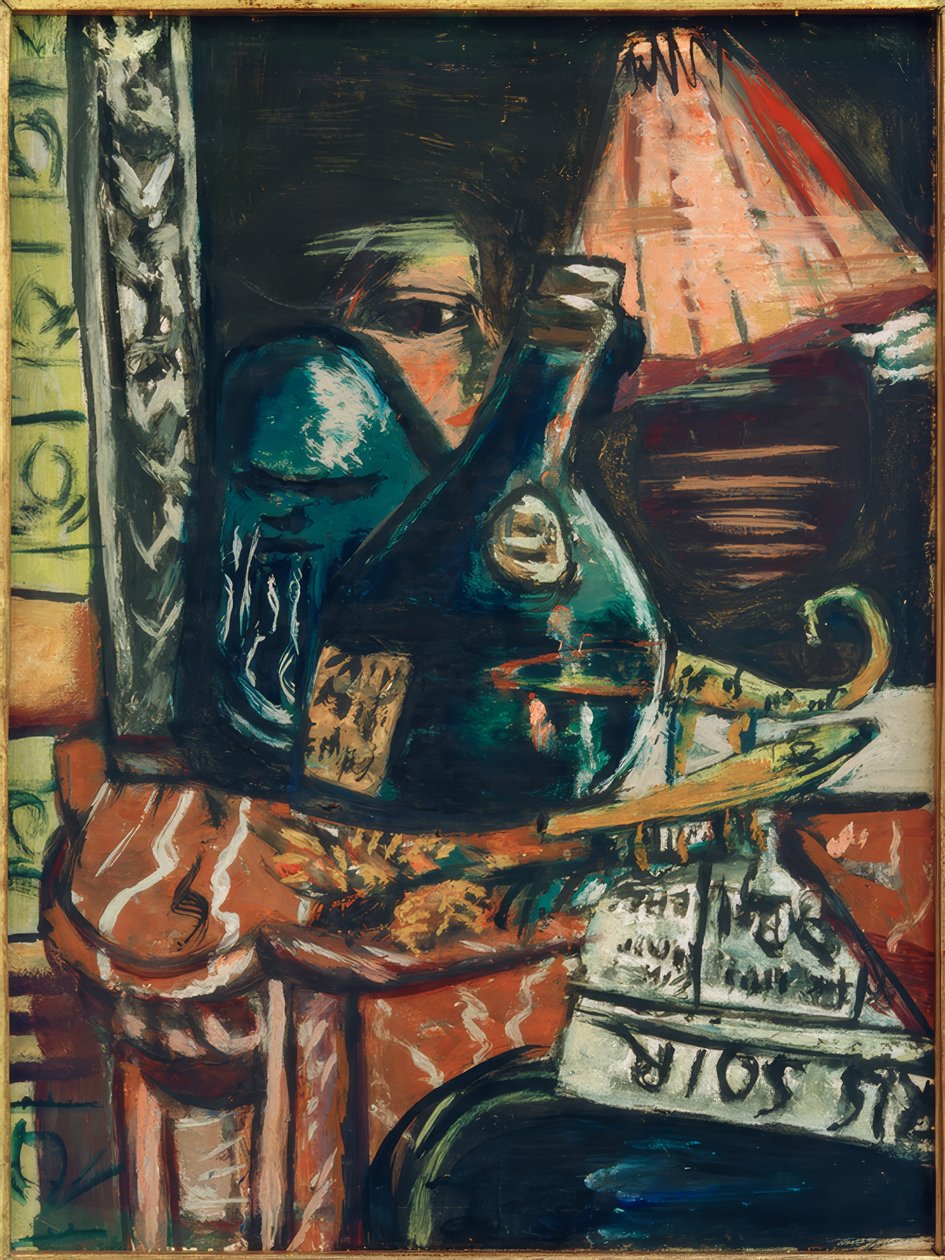 Stilleben med skråtstående flaske og Buddha af Max Beckmann