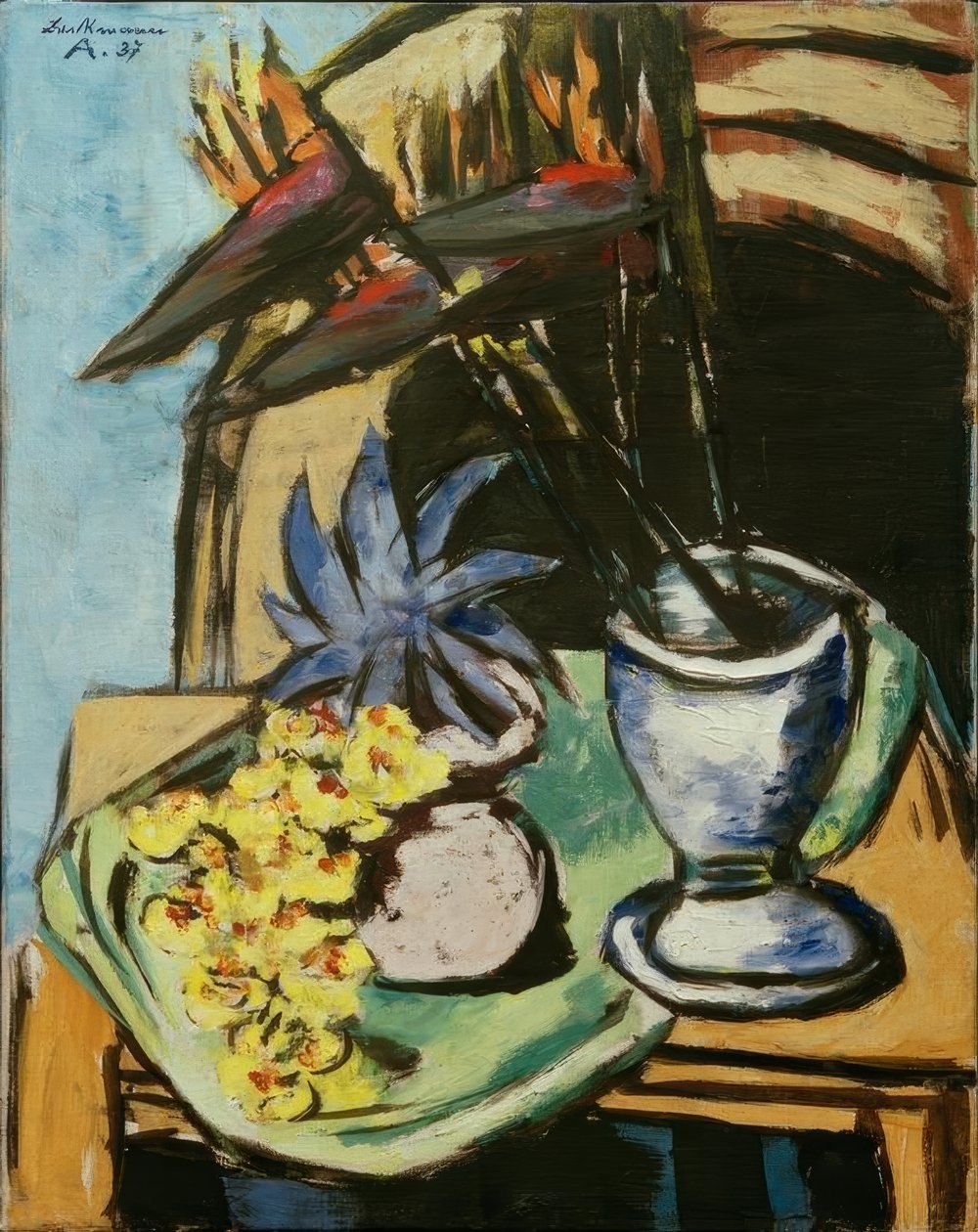 Stilleben med strelitzia og gule orkideer af Max Beckmann