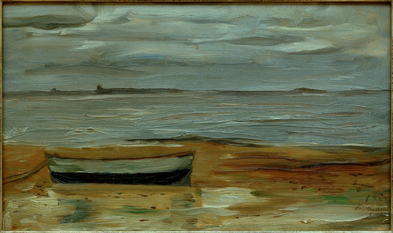 Strand med en grå båd og gråt hav af Max Beckmann