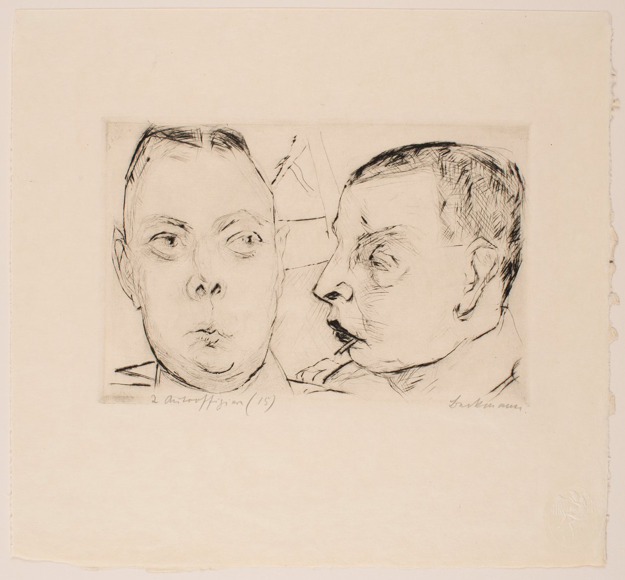 To autobetjente, plade 15 fra porteføljen "Faces" af Max Beckmann