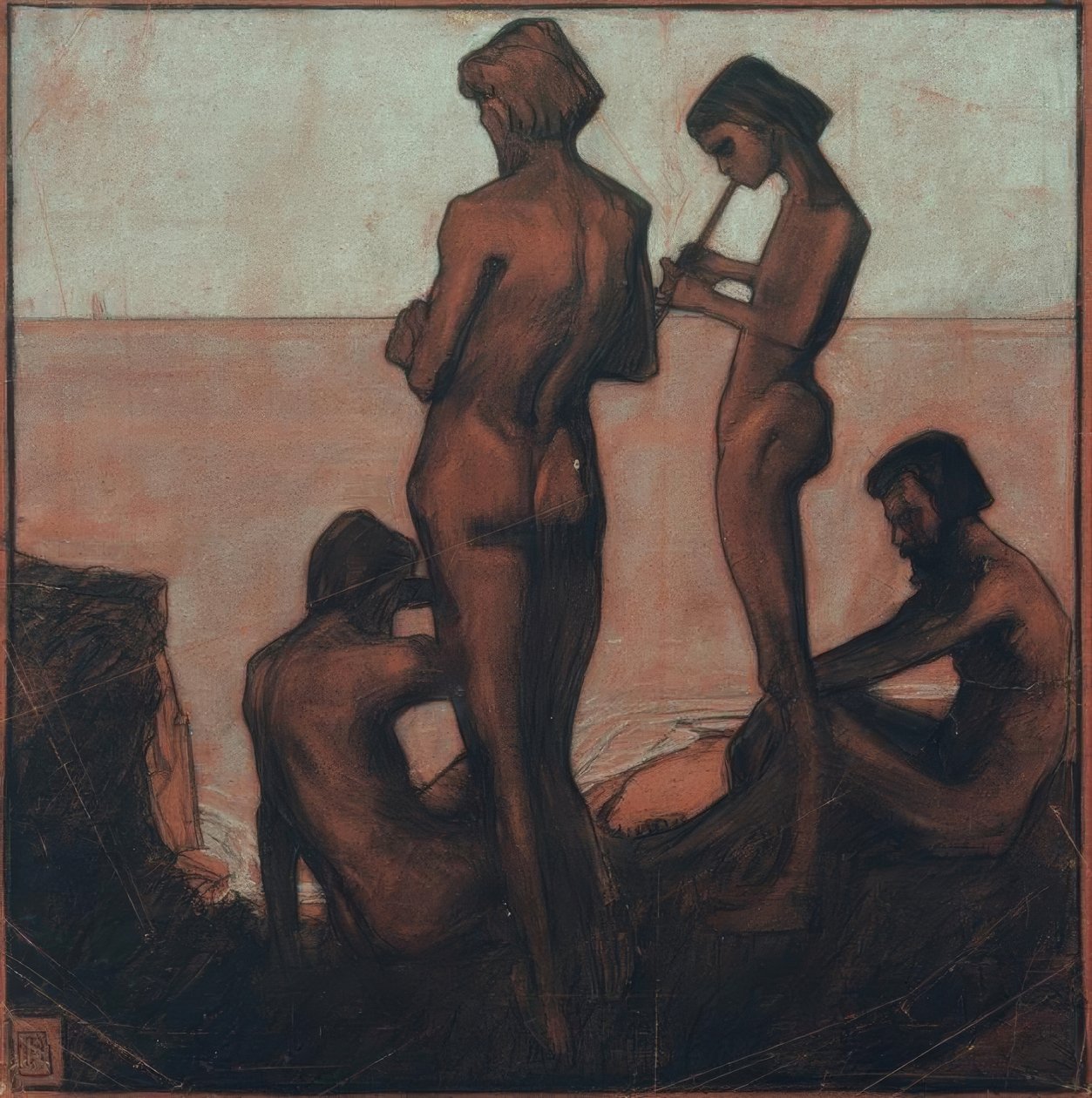 Fire unge mænd ved havet (Unge mænd ved havet - Fire mandsfigurer ved havet) af Max Beckmann