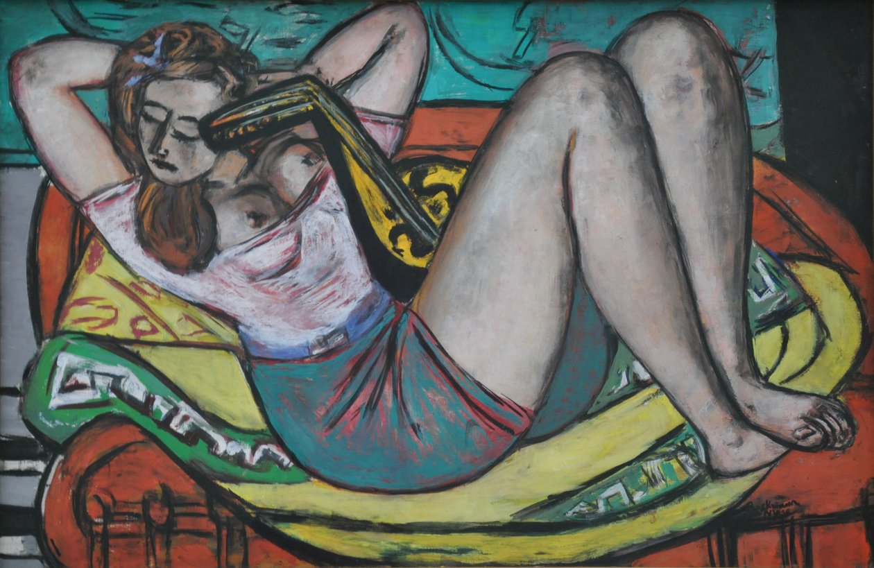 Kvinde med mandolin i gult og rødt af Max Beckmann
