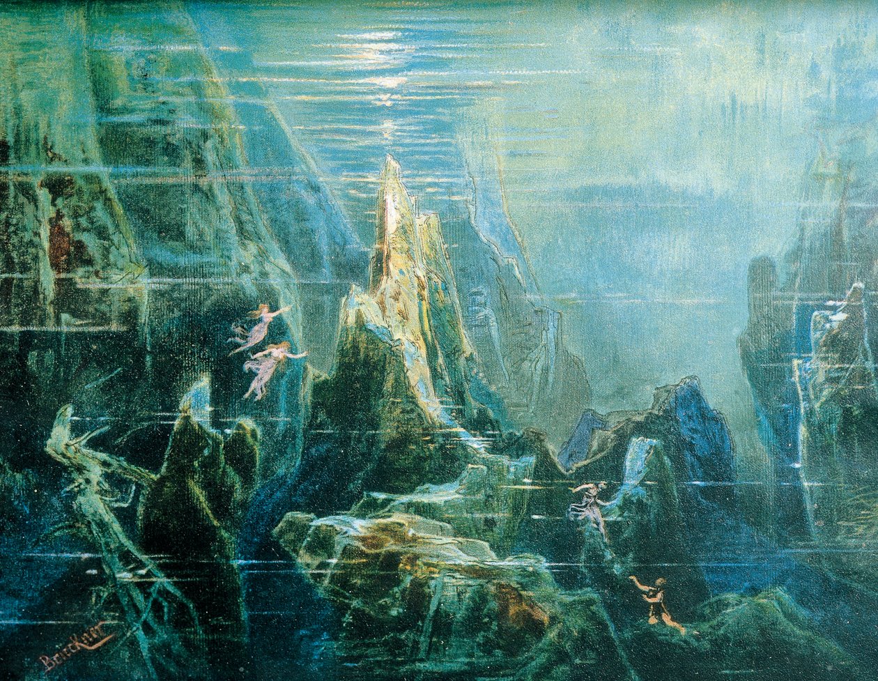 Tyskland, Bayreuth, Scenografi til forestilling The Ring of the Nibelung - The Rhinegold af Richard Wagner, Rhindøtrene af Max Bruckner