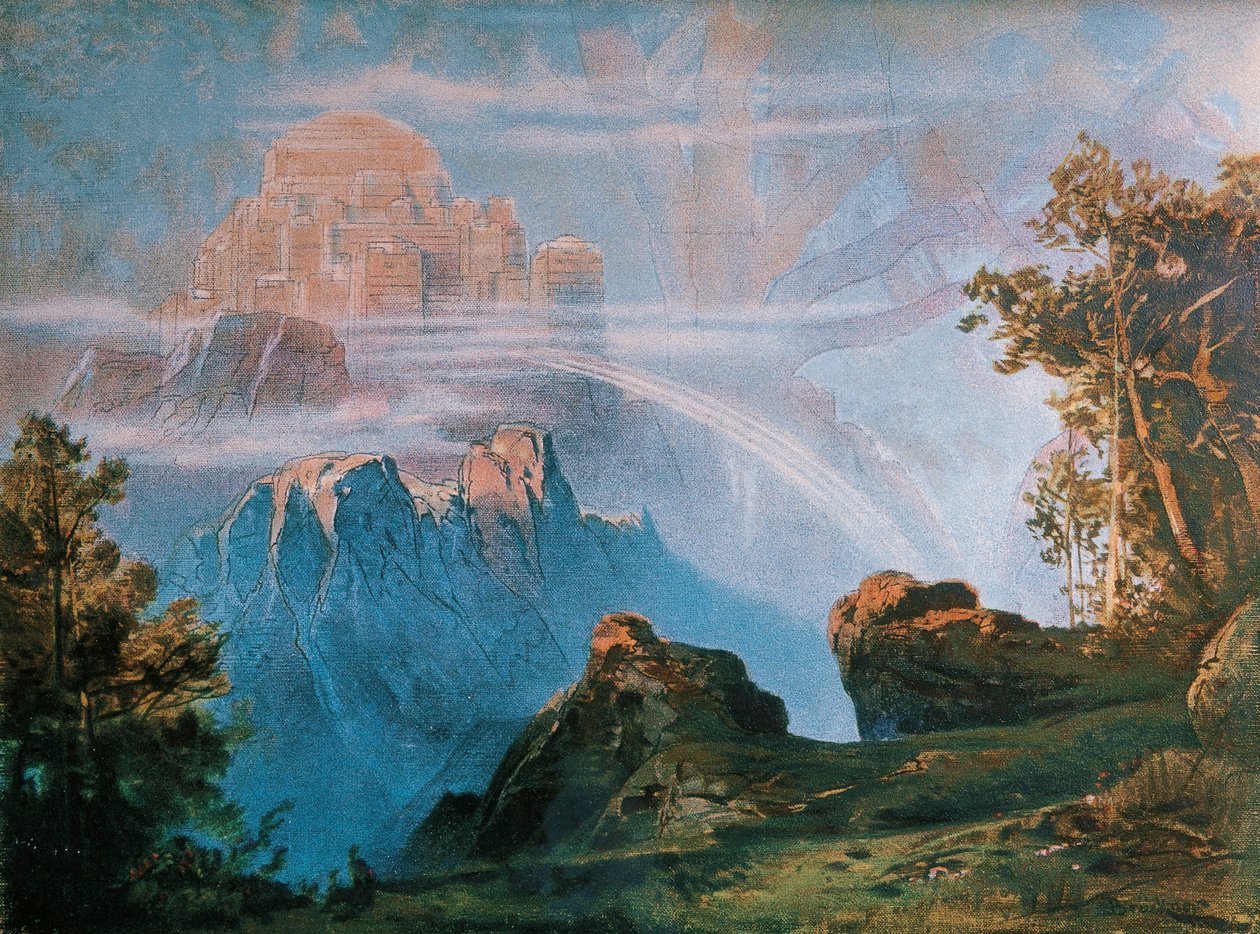 Tyskland, Bayreuth, Walhalla, baggrund for scenisk design af Ring of Nibelungs af Richard Wagner (1813-1883) af Max Bruckner