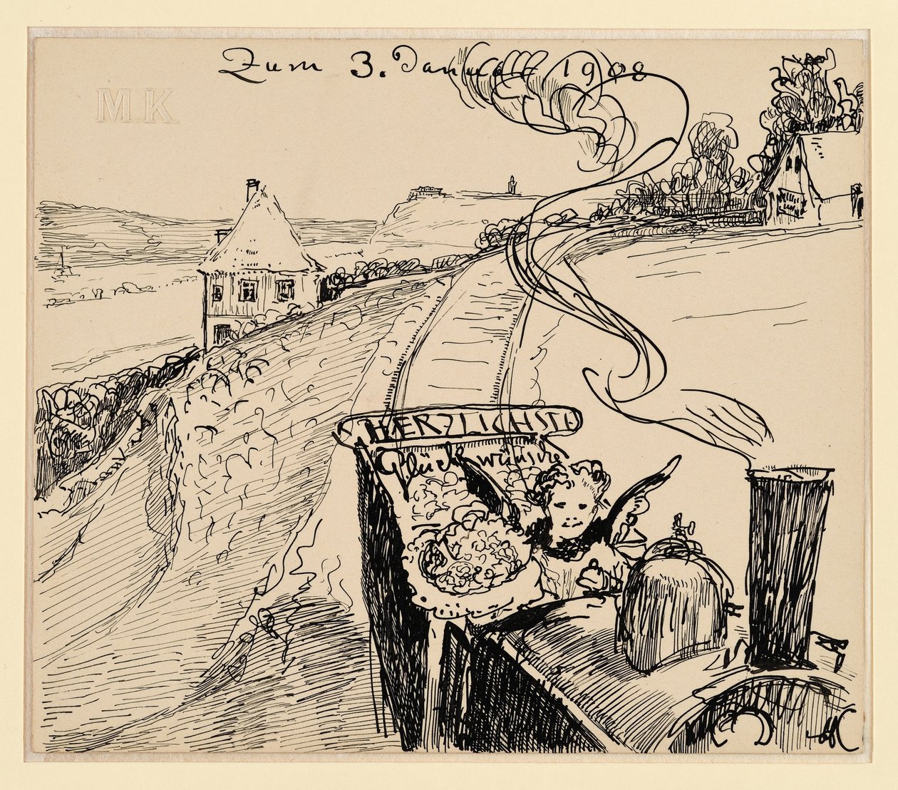 Tillykke den 3. jan. 1908 / Lykønskningskort af Max Klinger
