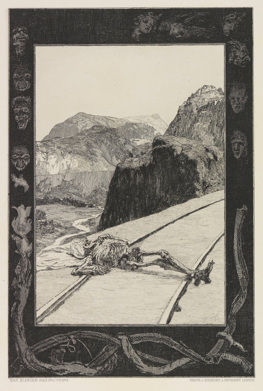 On the Tracks, plade 8 fra portfolioen On Death, Del I, Opus XI, 1897. af Max Klinger