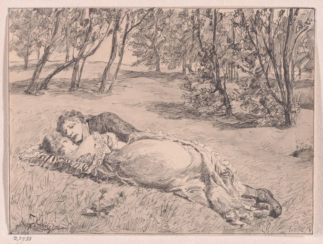 Par i græsset – En omfavnelse i et landskab (A Couple on the Grass – An Embrace in a Landscape) af Max Klinger