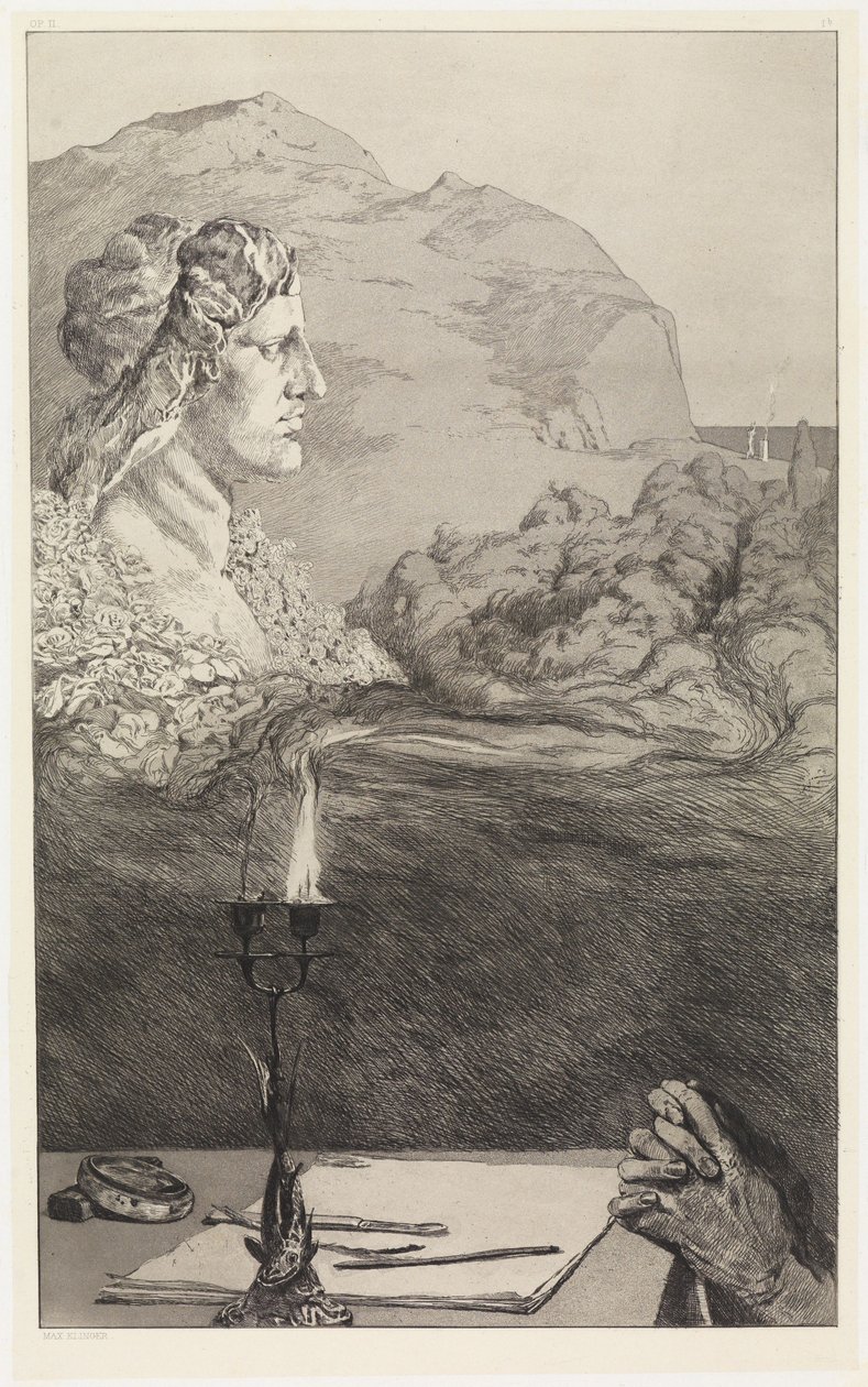 Forside (Malerisk dedikation / bøn) (Redning af Ovids ofre, Opus II, ark 1 [1b]) af Max Klinger