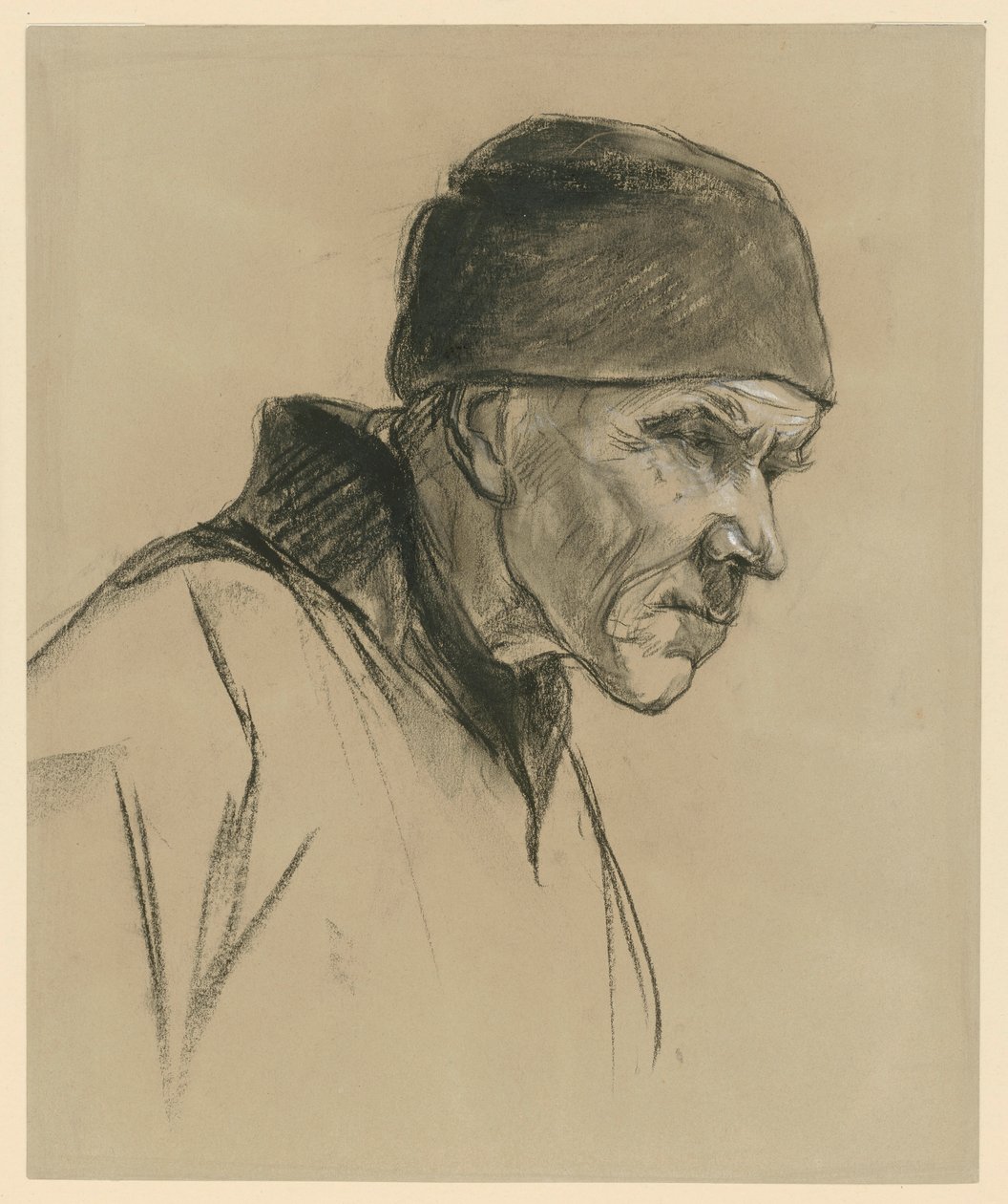 Gammel mand med kasket (brystbillede, profil mod højre), studie til: Gående bonde (1894) af Max Liebermann