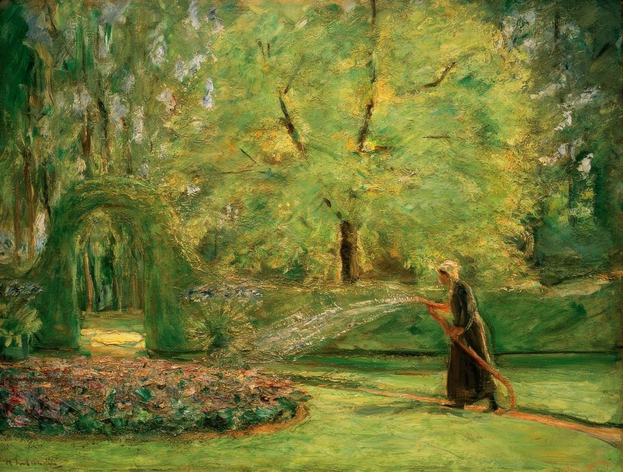 Rundkørslen i hækhaven med blomstersprinkler af Max Liebermann