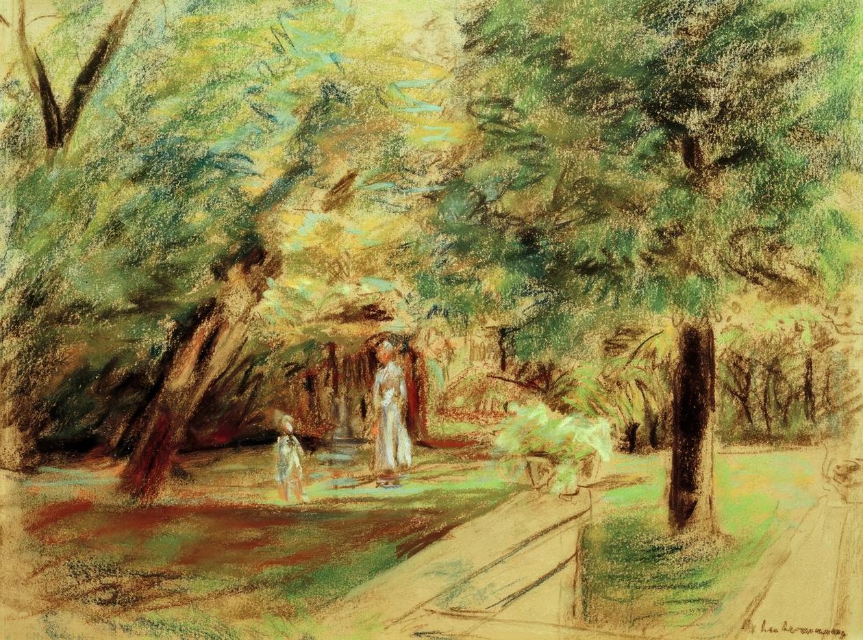Barnebarn med barnepige foran hækhaver af Max Liebermann