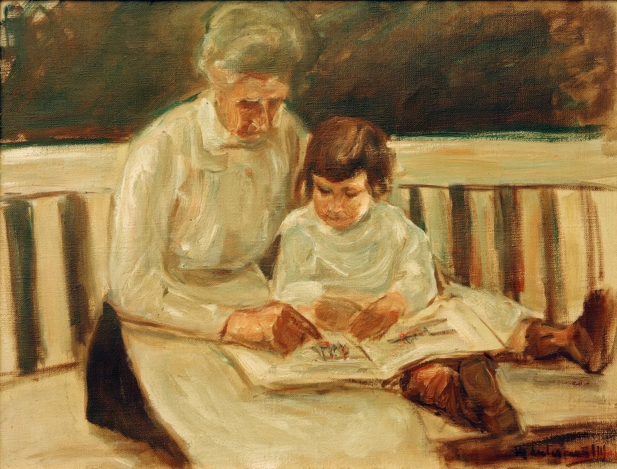 Barnebarn og barnepige på havebænken af Max Liebermann