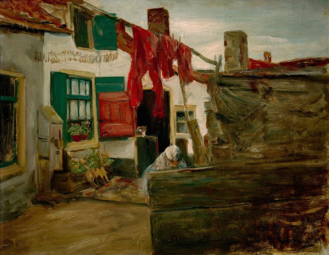 Hollandsk landsbyhjørne med vasketøj hængende af Max Liebermann