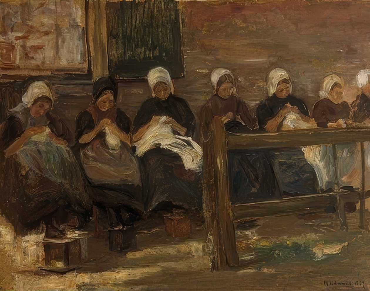Syning af piger i Huyzen - Studie med syv figurer. 1889 af Max Liebermann