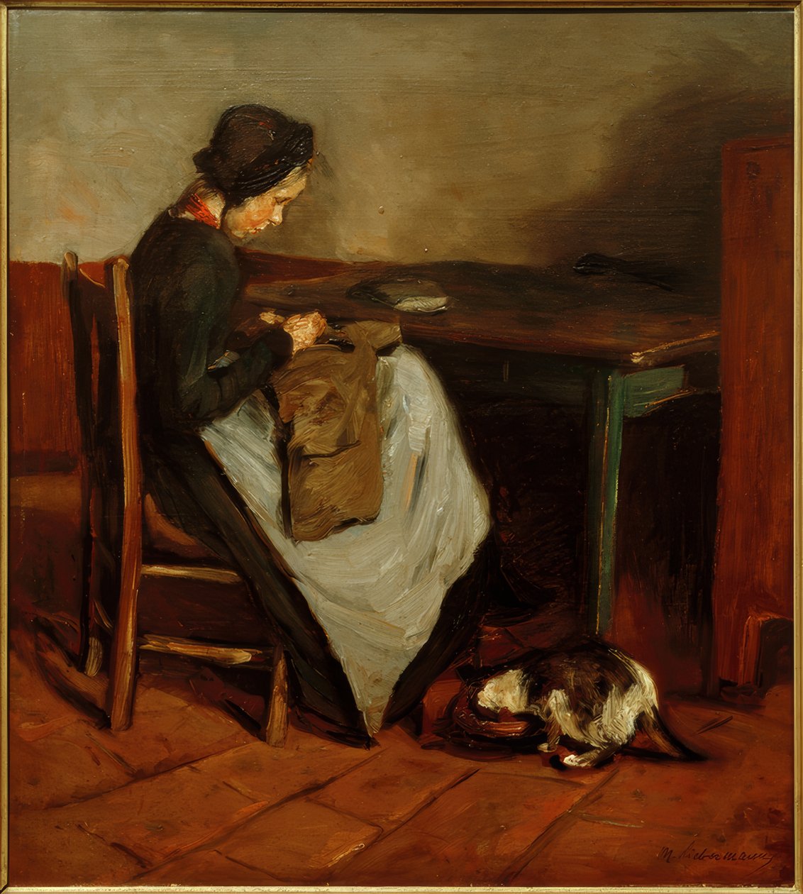 Sypige med kat - hollandsk interiør af Max Liebermann