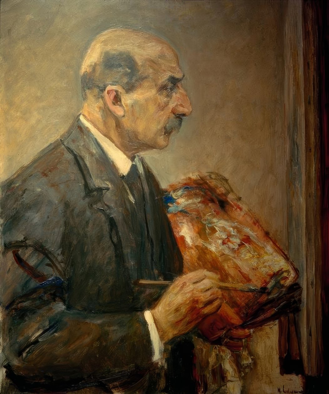 Selvportræt med palet ved staffeliet, i profil efter af Max Liebermann