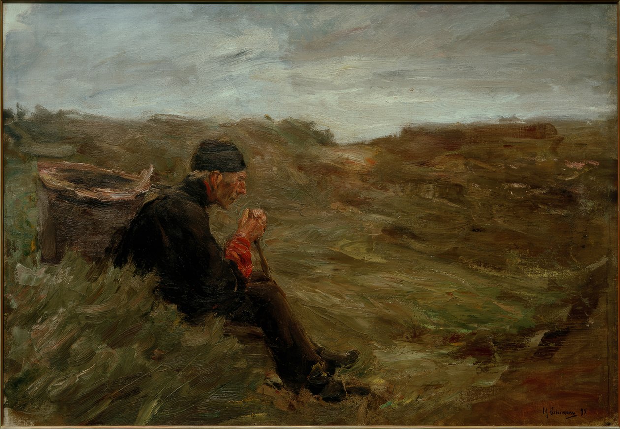 Siddende bonde i klitterne - 1. udkast af Max Liebermann