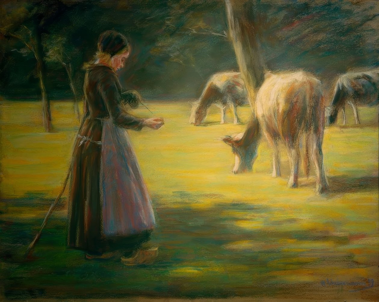 Spindende kohyrinde på græsningen - I solskin af Max Liebermann