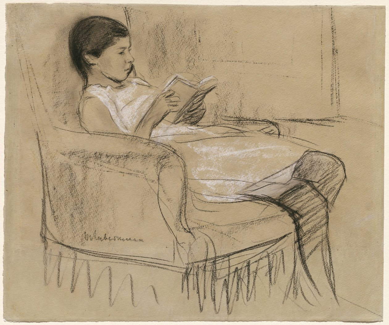 Kunstnerens datter Käthe læser i en stol af Max Liebermann