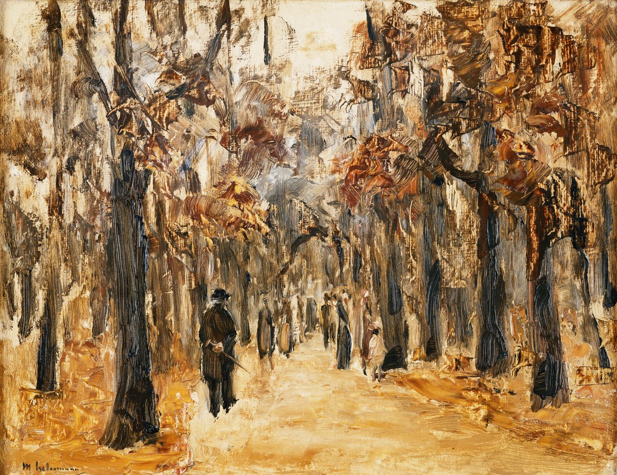 Zoologiske haver i efteråret med figurer, der går; Tiergarten om efteråret med vandrere, af Max Liebermann