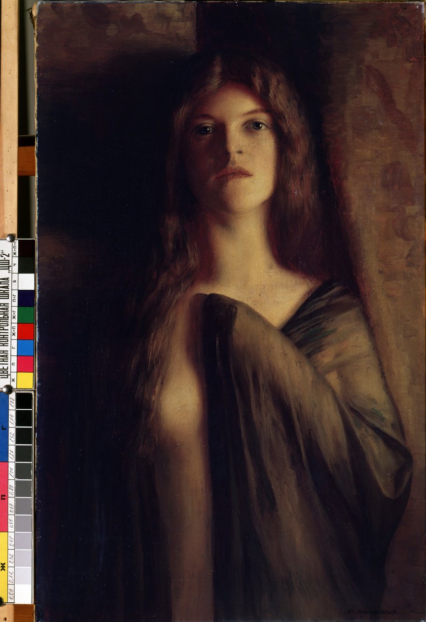 Portræt af en ung kvinde"" (Portræt af en pige) Ung pige med et trist og dystert udtryk, klædt i et gennemsigtigt slør. Maleri af Max Nonnenbruch (1857-1922) (ny kunst) Olie på lærred. Mikalojus Konstantinas Ciurlionis Fine Arts Museum, Kaun af Max Nonnenbruch