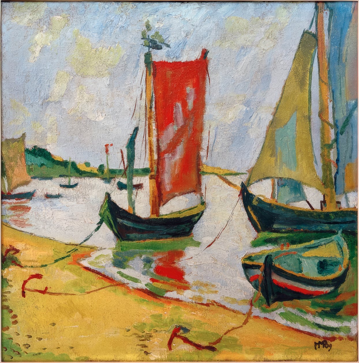 Ved Kuriske Bugt-kystscene med fiskerbåde af Max Pechstein