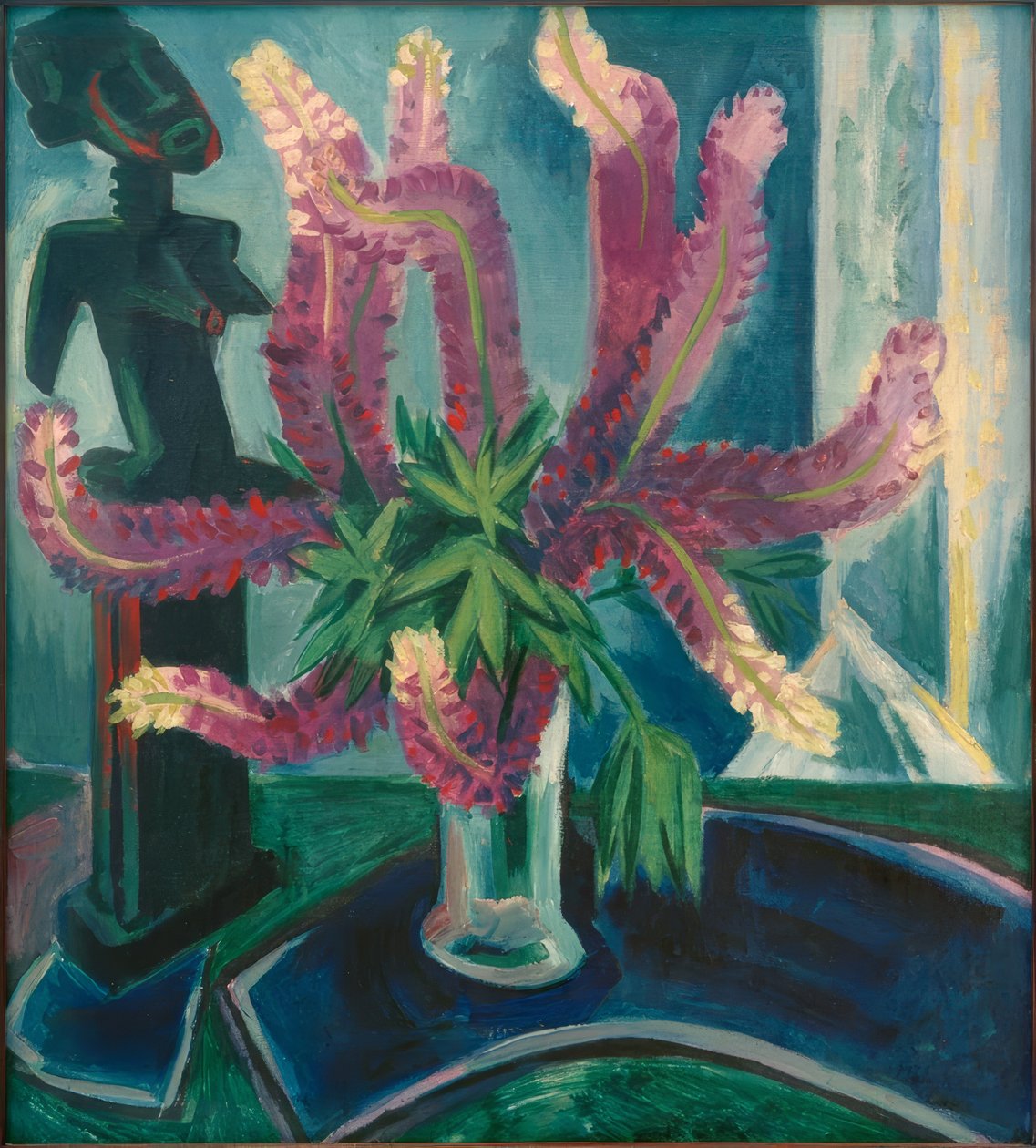 Lupinestilleben med afrikansk figur af Max Pechstein