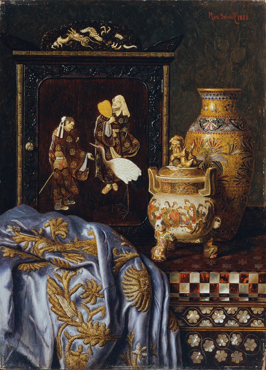 Stilleben med japanske kunstgenstande af Max Schodl