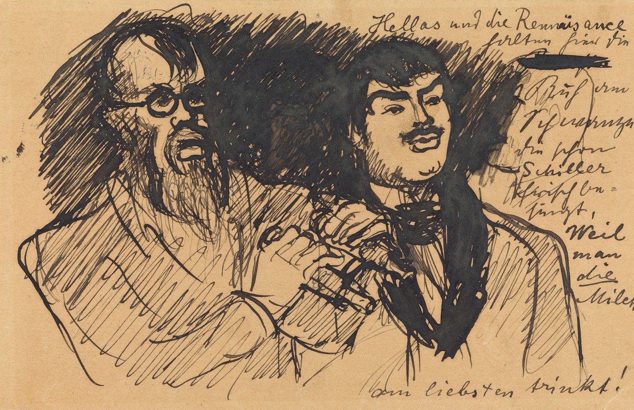 Drei Lenbach-Karikaturen: a) Brustbild; b) Ganzfigur; c) zusammen mit Stuck af Max Slevogt