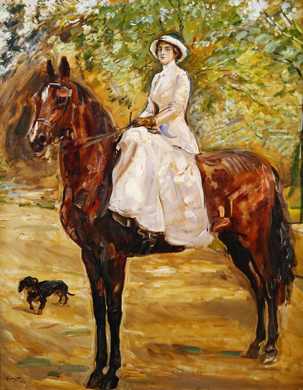 Kvinde i hvidt rider på hest; Dame i hvid ridekjole til hest, 1910 af Max Slevogt